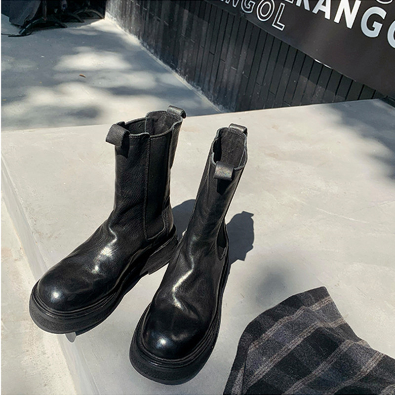 Grape Mom's Same Style 2025 New Shrunk Pattern Genuine Leather Thick-Soled Chimney Chelsea Short Boots for Women Autumn and Winter Boots