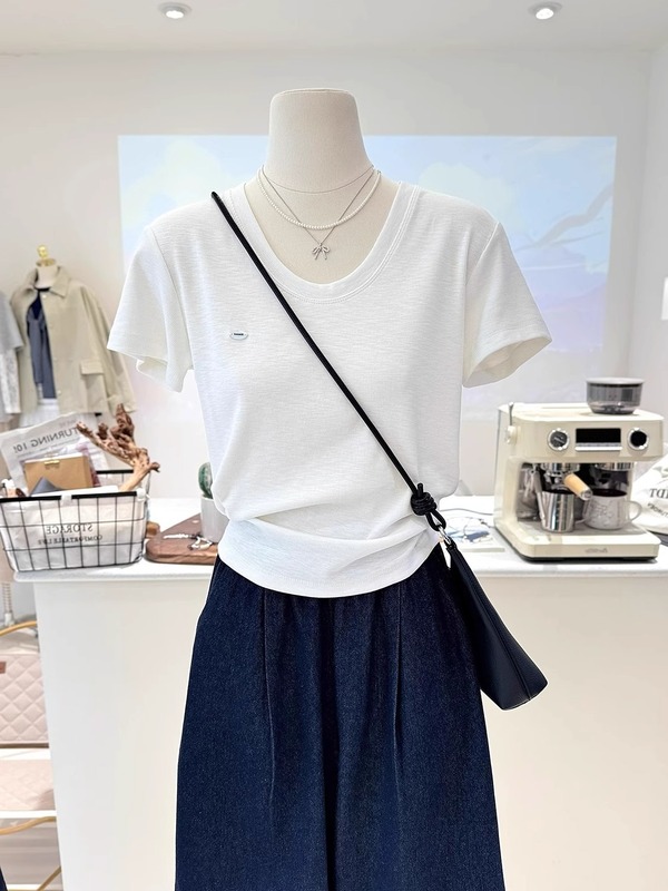 13ライン韓国ミルクイエローUネック右肩半袖Tシャツレディース夏シンプル万能無地Tシャツ超見栄えの良いトップス|undefined