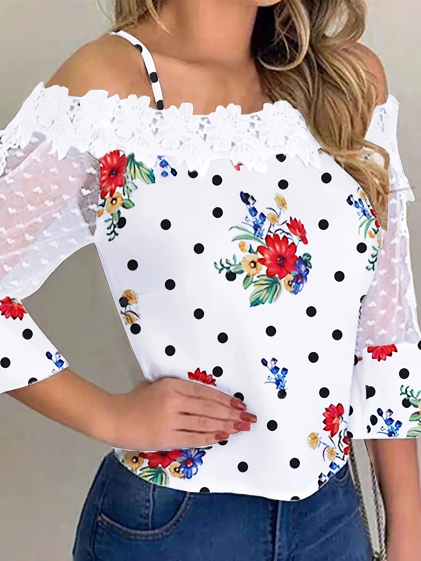 2024 verano europeo y americano Amazon wish cross-border spots malla estampada costura top de encaje