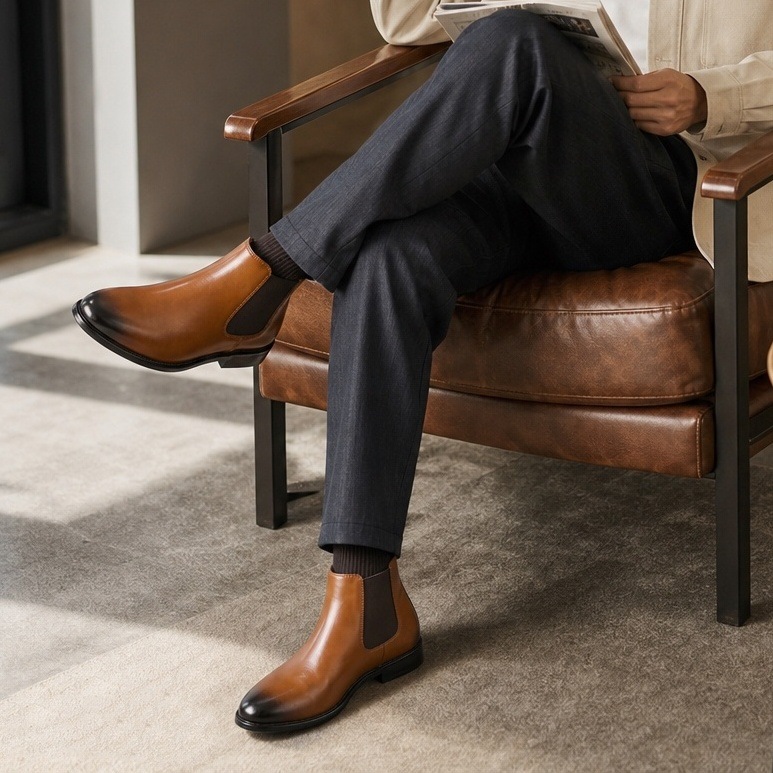 Botas Chelsea de estilo británico para hombre, de cuero genuino, punta redonda, tacón grueso, media pantorrilla, estilo casual de negocios, estilo europeo y americano, botas de talla grande para hombre.