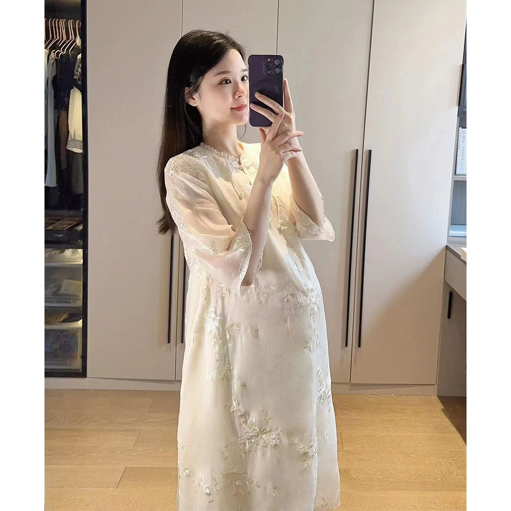Одежда для беременных Новый китайский стиль тяжелое платье с вышивкой