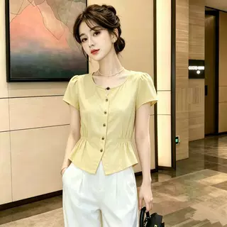 韩系掐腰修身衬衫女2026夏季新款短袖气质衬衣圆领小个子显瘦上衣