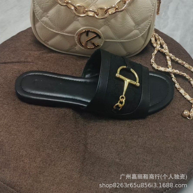 2025新款G家平地拖鞋经典印花帆布一字拖单鞋五金饰扣凉鞋懒人鞋|undefined