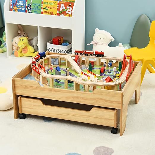 Cross-Border Wooden Children's Table, Multi-Functional Toy Table with Drawer, Sliding Wheels, Storage Table, Baby Educational Building Block Table