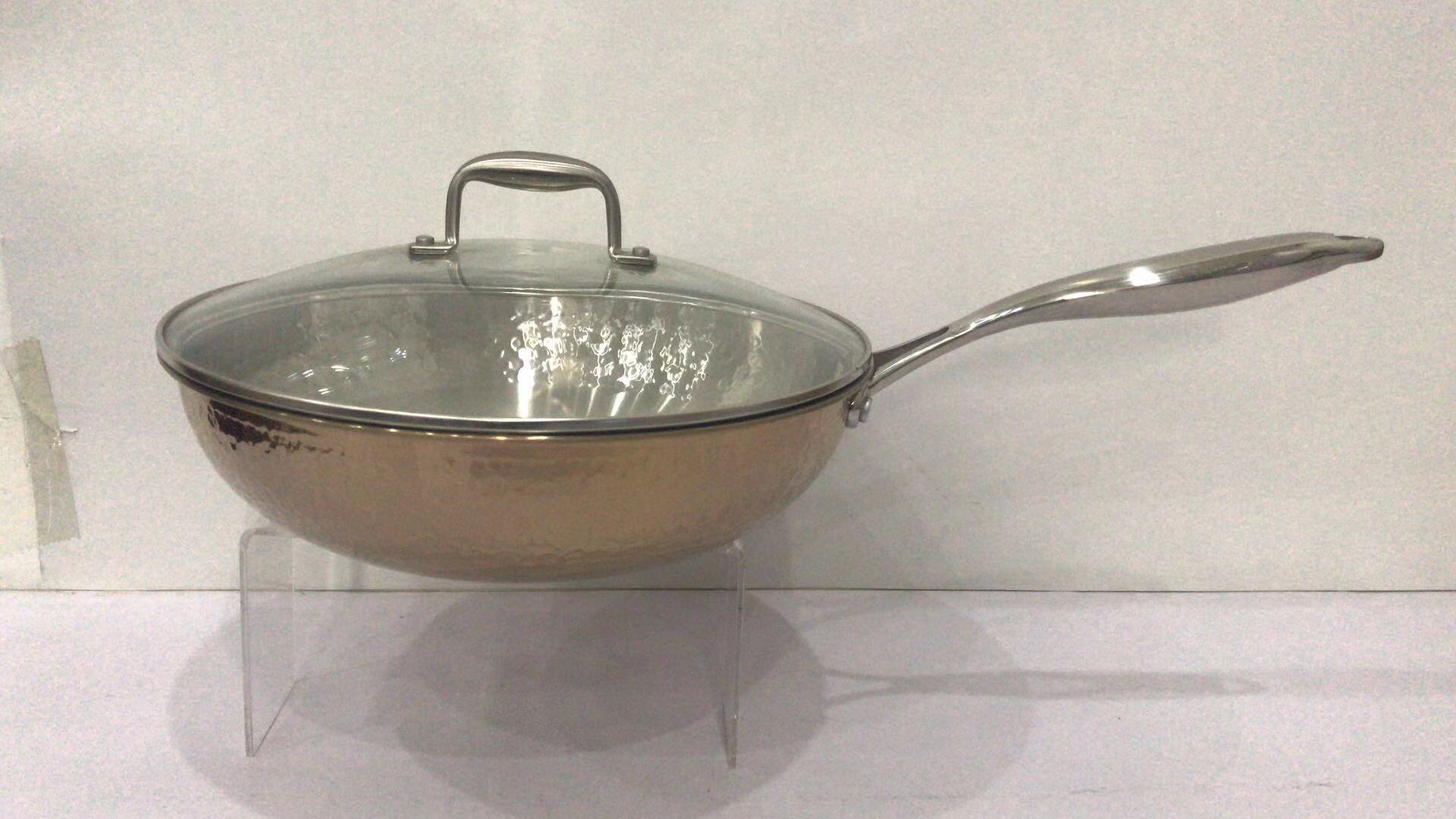 电镀铜不锈钢锤纹炒锅家用加厚无涂层不沾炒菜锅电磁炉适用