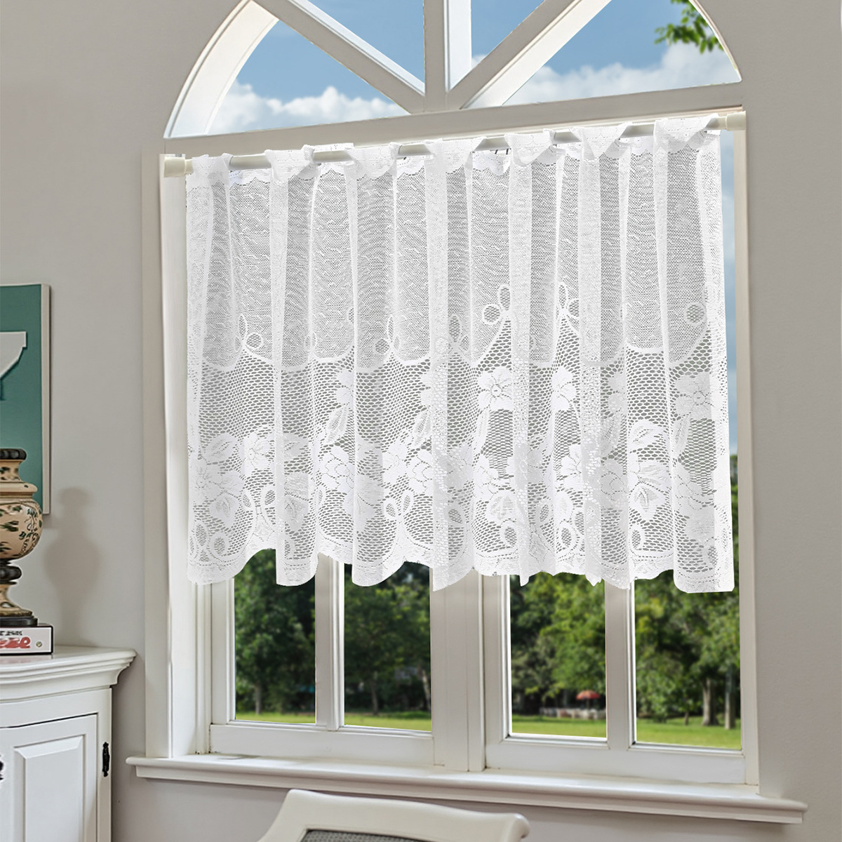Nuevo estilo transfronterizo de encaje, cortina corta, rejilla de la ventana, cortina de urdimbre semisombreada, cortina de cocina, media cortina, TEMU