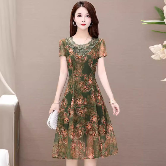 Middle-aged Chiffon Dress Women's 2023 New Summer Slimming Mother Floral Fashion Large Size Over-the-Knee Long Dress