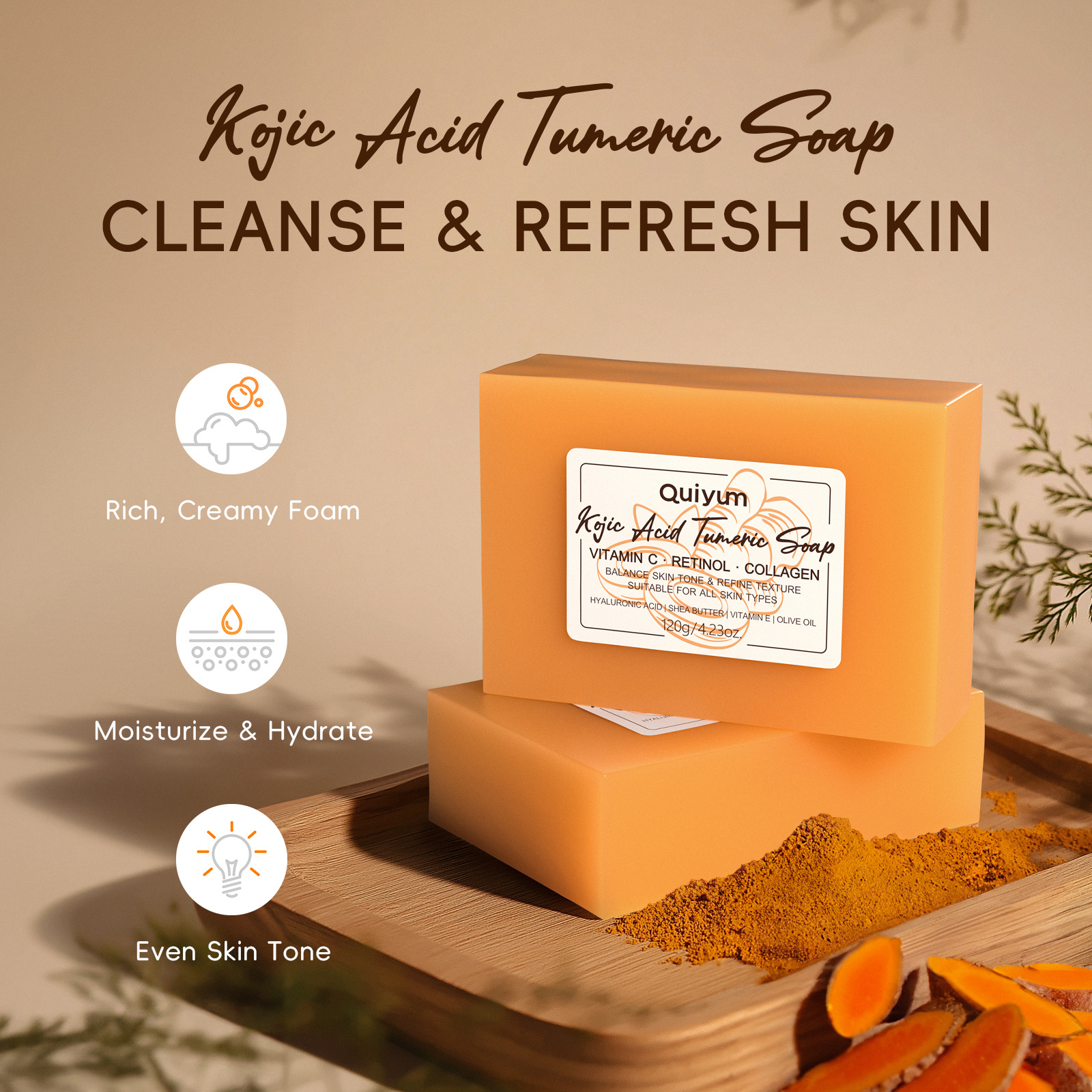 Cross-border full English version QUIYUM Curcumic acid Cleaning Handmade Soap 120g Soap Essential oil soap manufacturer wholesale Item Picture