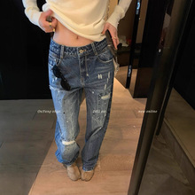 区区欧阳破洞泼墨牛仔裤女秋季新宽松直筒拖地长裤做旧复古裤子