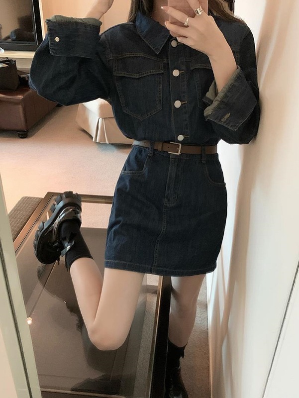 设计感复古翻领牛仔裙女秋季大码胖mm高腰显瘦长袖衬衫连衣裙潮|undefined