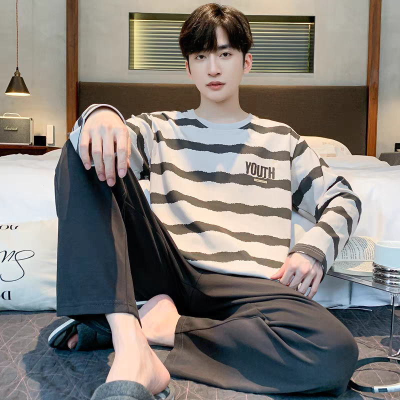 Ready-Made Pajamas for Men Spring and Autum Long-Sleeved Youth Stripesd Plus Size Student Home Clothes Casual Autum Suits