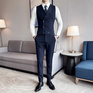 Foreign trade wholesale striped vest men's 2025 texture high-end business lapel slim vest pants suit in stock