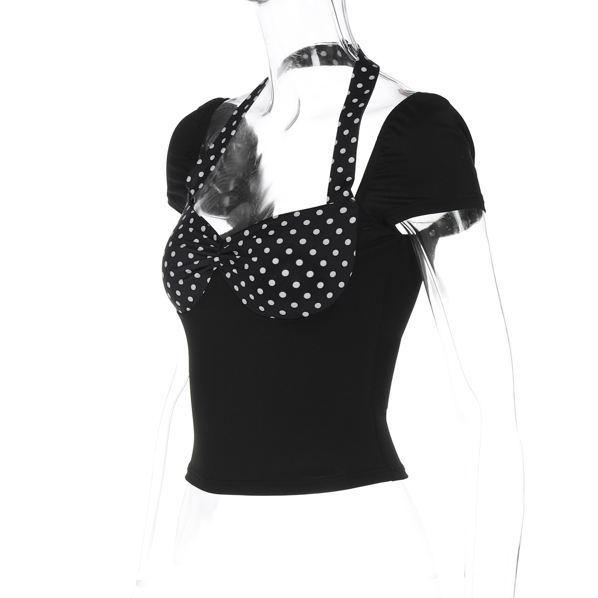 Women Clothing Spring Summer Halter Short Sleeve Backless Top Polka Dot Stitching T shirt Top