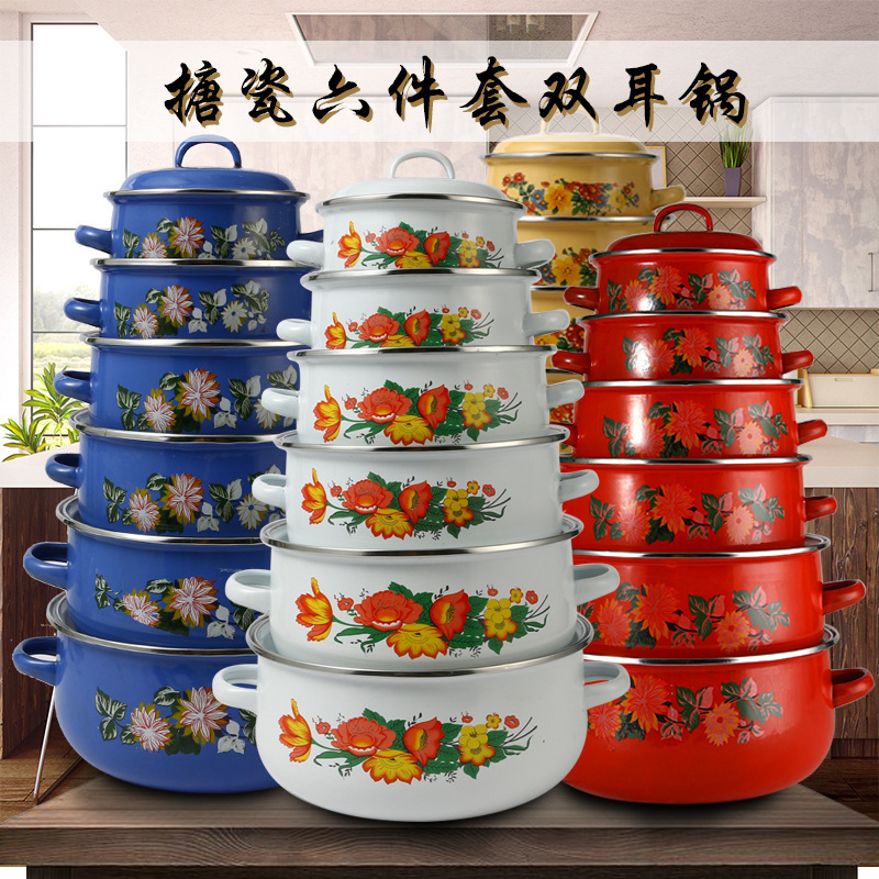 in stock wholesale enamel saucepan 676 binaural enamel instant noodles pan frying Chinese medicine lard pot induction cooker open flame