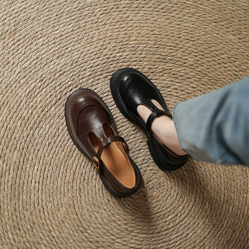 2025 весна и лето толстая подошва в английском стиле маленькие кожаные туфли с круглой головой ретро Мэри Джейн обувь