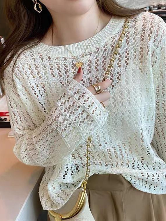Hollow Sweater Women's Thin Sweater 2024 Spring New Design Sense Niche Long Sleeve Loose Coat Top