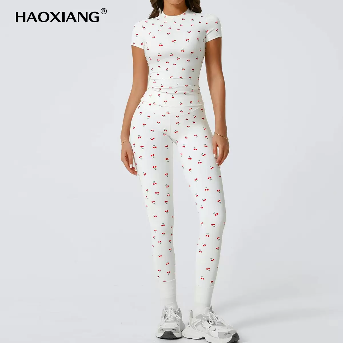 跨境磨毛速干瑜伽服套装樱桃印花紧身健身套装跑步瑜伽服两件套女