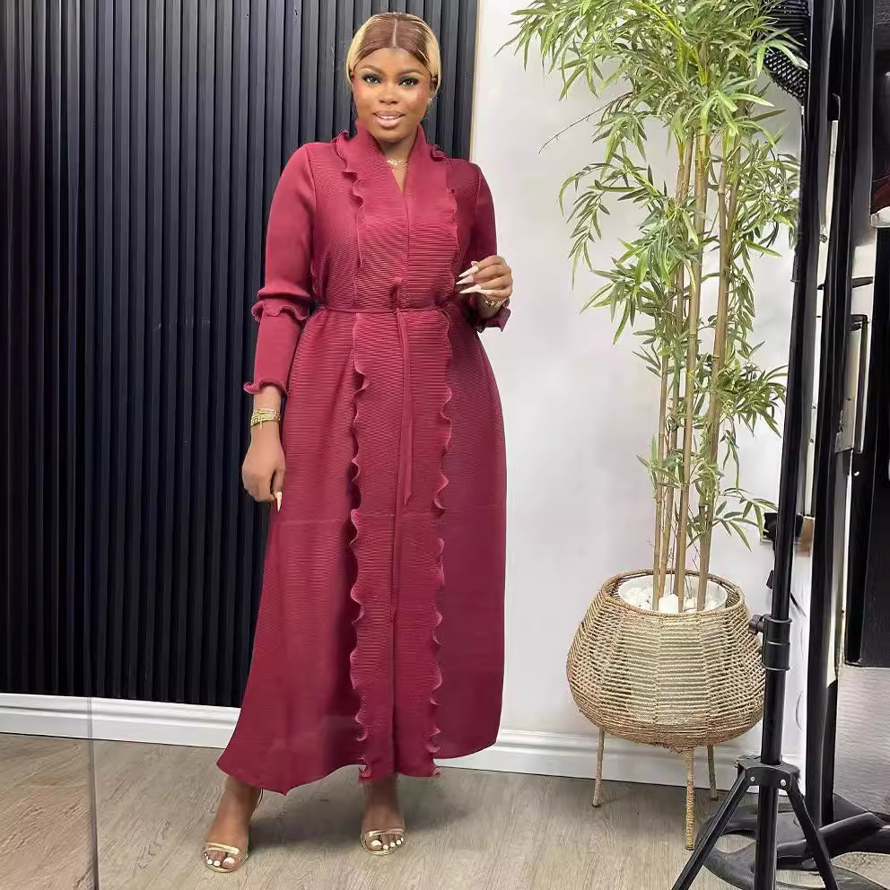 Naiste rõivad Plisseeritud V-kaelusega pitsist pikkade varrukatega moodne kleit naistele_voghion.com