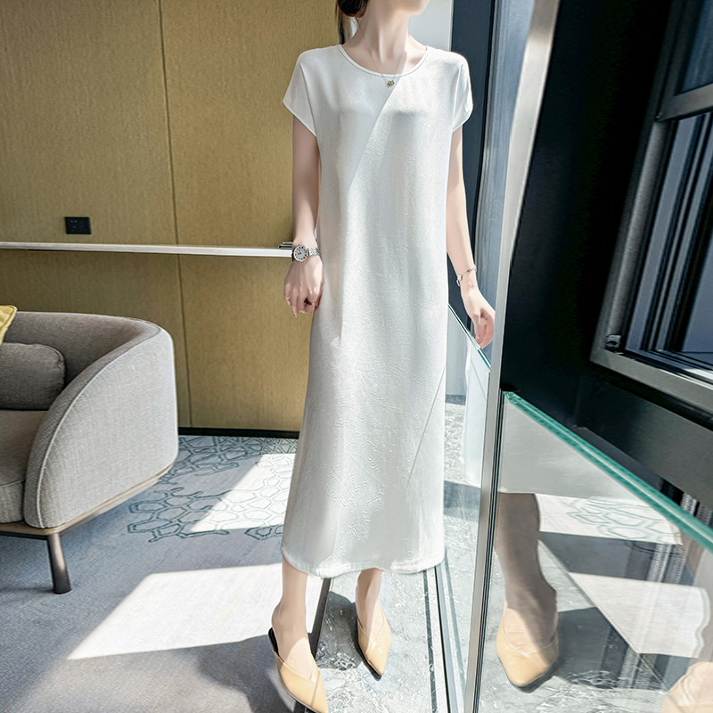 2026 Women's Summer Long Dress, Gold-Accented Acetate Satin Short-Sleeve Spaghetti Strap Dress, Elegant and Flowy Long Dress for a Refined Look
