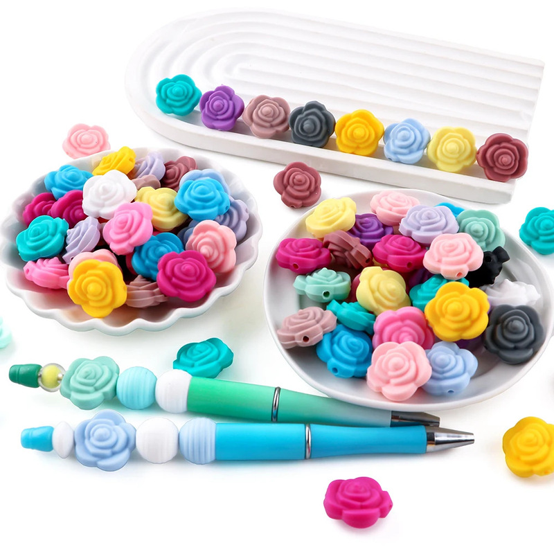 Hot Sale 21mm Rose Flower Silicone Beads Flower Series Accessories String Pen Beads Keychain Bag Pendant DIY