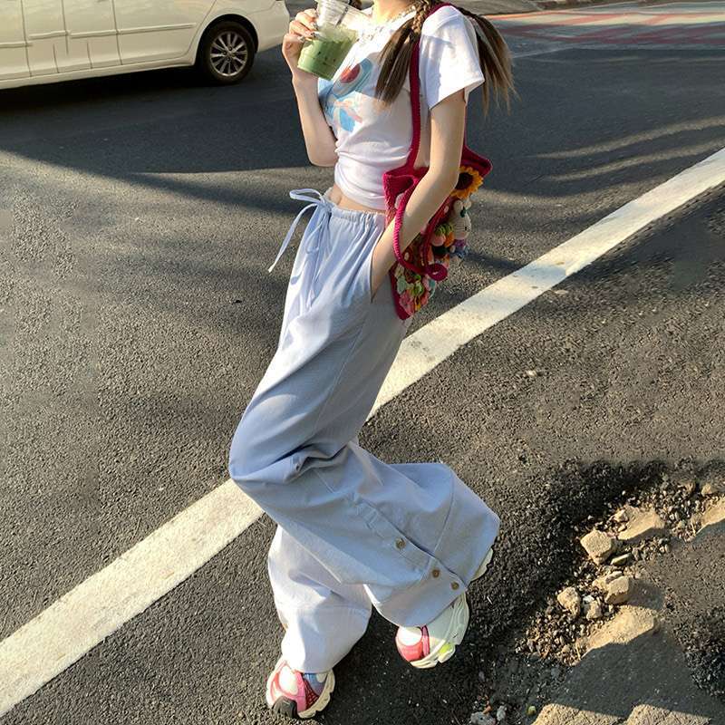 Vintage Low-Waist Vertical Striped Wide-Leg Pants with Drape, Floor-Length Thin Loose Lazy Drawstring Casual Jeans for Women