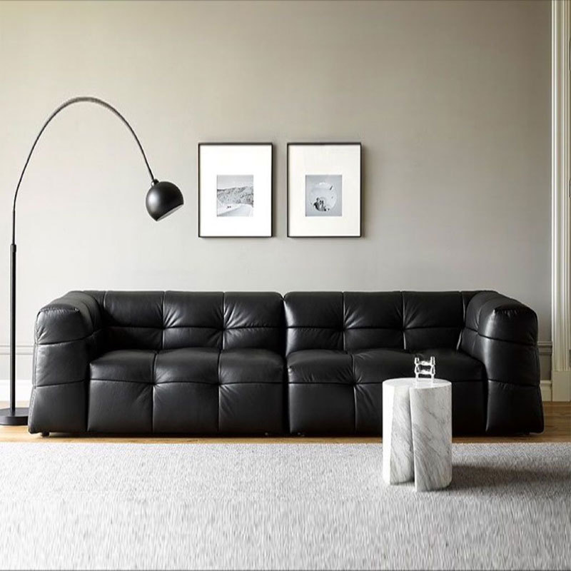 Sofá de cuero de algodón caramelo italiano minimalista tire hebilla sofá primera capa de piel de vaca sala de estar sofá de fila recta diseñador negro
