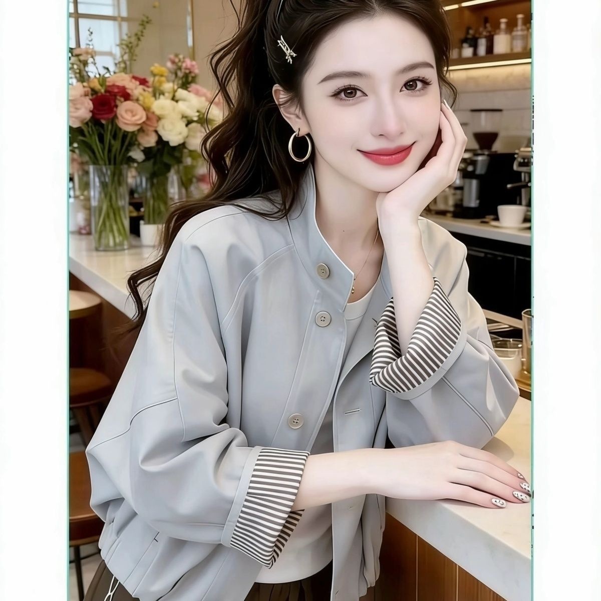 2026春网红新款条纹拼接外套女韩版设计感宽松立领夹克棒球服上衣
