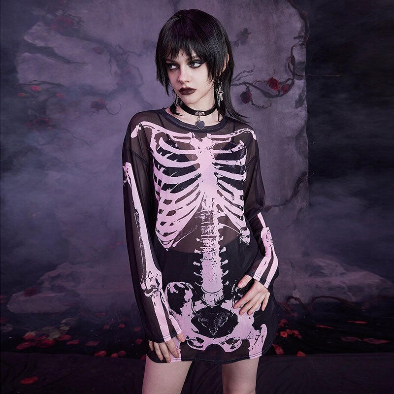 Cross-Border Foreign Trade Women's New Fashion 2026 Halloween Skull Print Top Gothic Style See-Through Mesh Long-Sleeve T-Shirt