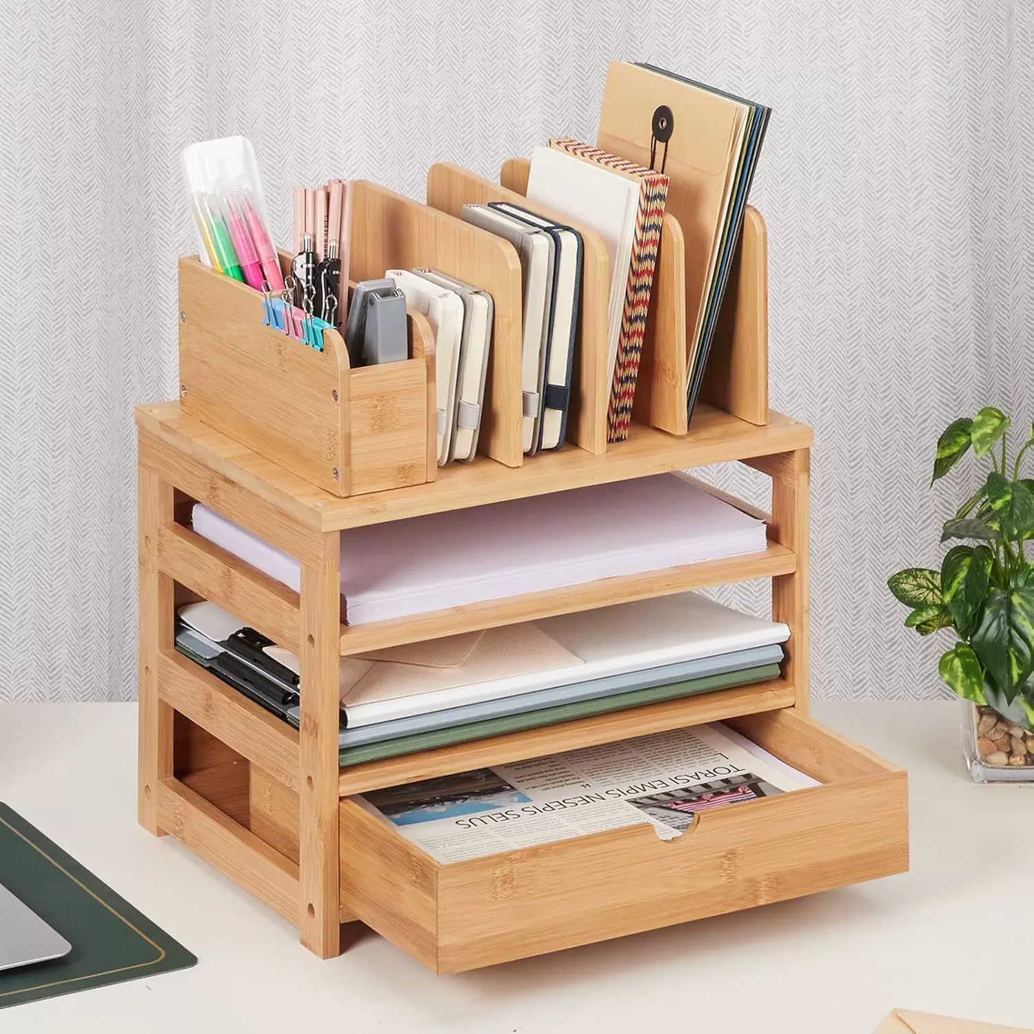木质收纳盒木制置物架带抽屉办公桌收纳架竹木学习资料托盘整理架