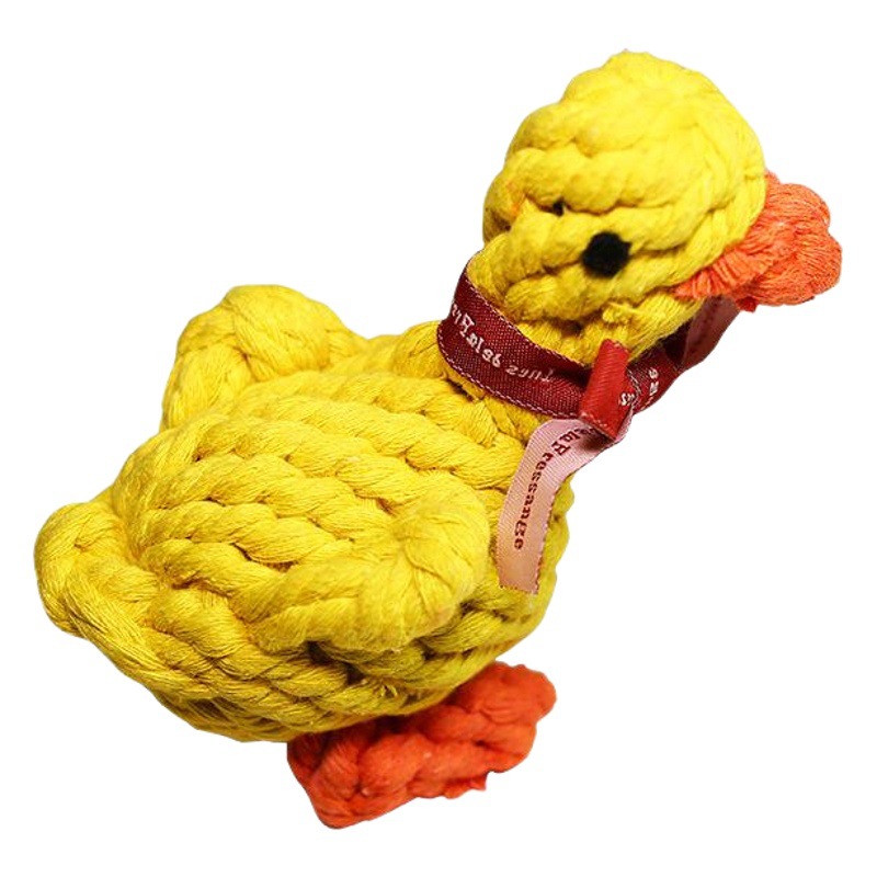 Juguete para mascotas de cuerda de algodón con forma de patito amarillo simulado del fabricante de Cangnan, juguete para masticar tejido a mano resistente a las mordidas para gatos y perros.