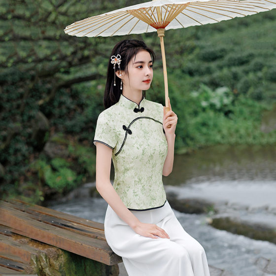 Spring and summer new bubble silk long girl cheongsam suit pastoral style improved cheongsam dress two-piece set