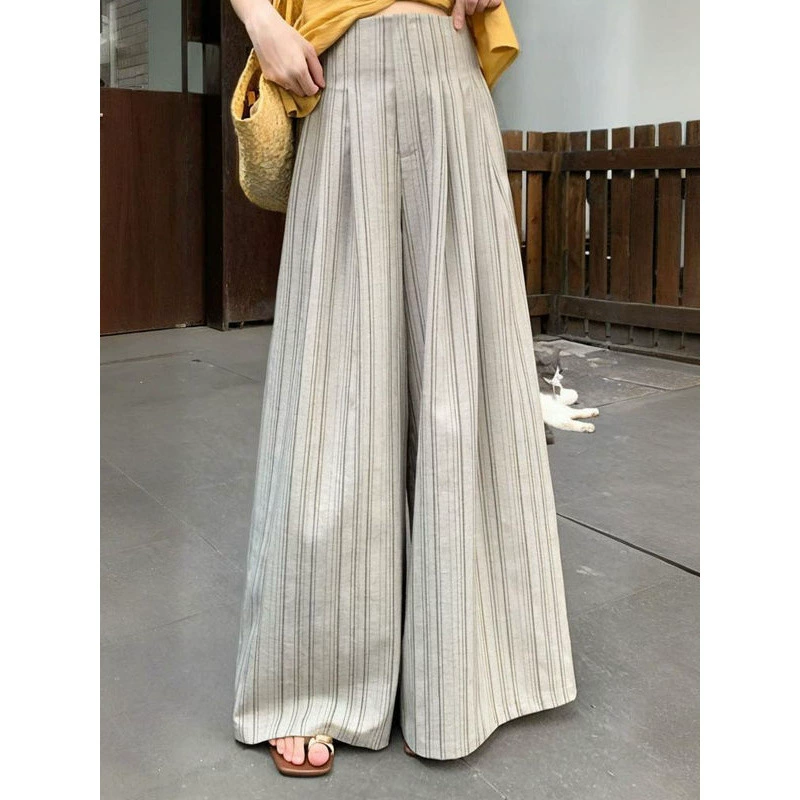 Летние легкие полосатые повседневные брюки 2025, новые модные свободные прямые широкие брюки с высокой талией