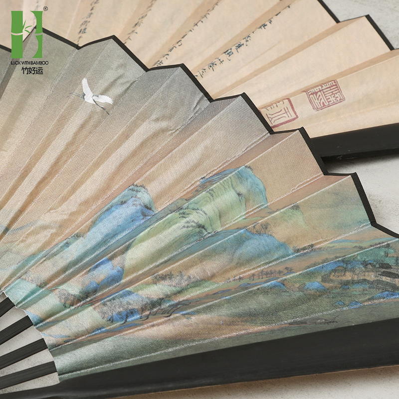 Ventilador plegable de estilo antiguo al por mayor 10-inch mil millas de montañas imagen ventilador plegable Moda nacional estilo antiguo ventilador de los hombres danza ventilador femenino imagen de paisaje verde