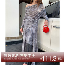 【十三行7折特价不退货】格子网纱长袖连衣裙秋不规则开叉长裙子
