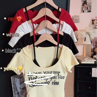 Cotton Sweet Spice Girl Pure Want Crewneck Fake Two-piece Letter Printed T-shirt with No Wear Bra Short Slim-fit Top