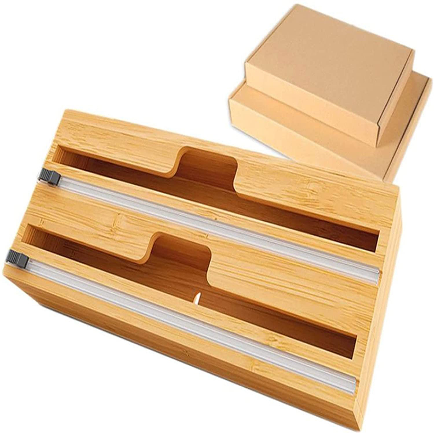 Cortador de envoltura de plástico de bambú cocina pared-montado caja de almacenamiento compartimiento cortador de madera de papel de estaño caja de madera