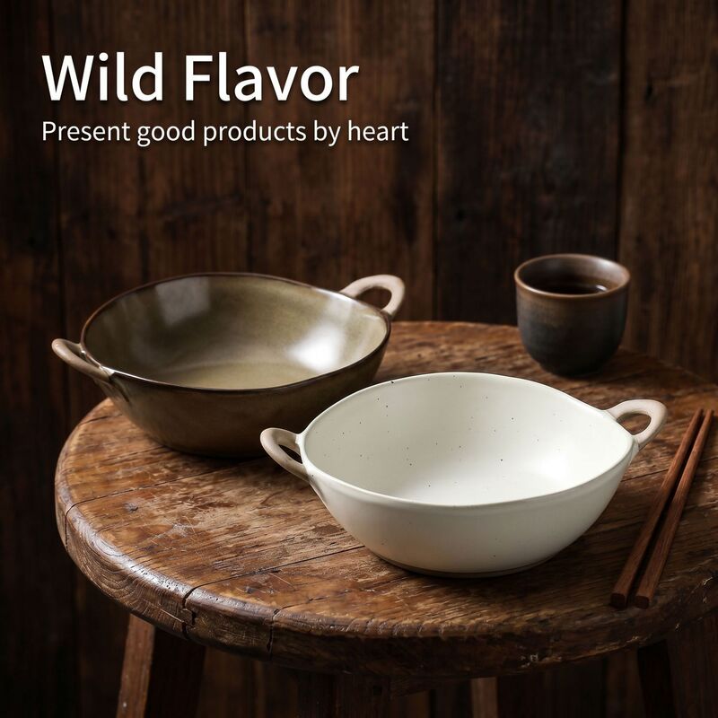 Japanese-Style Coarse Pottery Tableware, Anti-Scald Double-Handle Soup Bowl, Large Ceramic Soup Bowl, Salad Bowl, Ramen Bowl, Suitable for Home and Restaurant Use Japanese-Style Coarse Pottery Tableware, Anti-Scald Double-Handle Soup Bowl, Large Ceramic Soup Bowl, Salad Bowl, Ramen Bowl, Suitable for Home and Restaurant Use