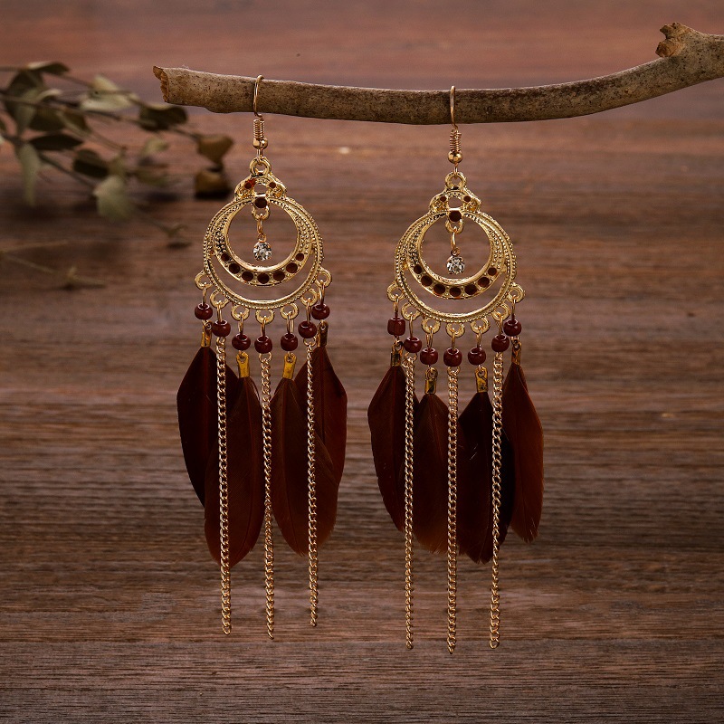 fashion long feather water drop long bohemian tassel earrings wholesale