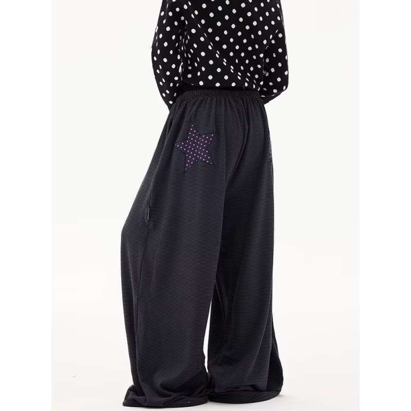 New American-Style Star Embroidery Striped Wide-Leg Casual Pants for Women, Autumn Drapey Lazy Style Floor-Length Sweatpants Trendy
