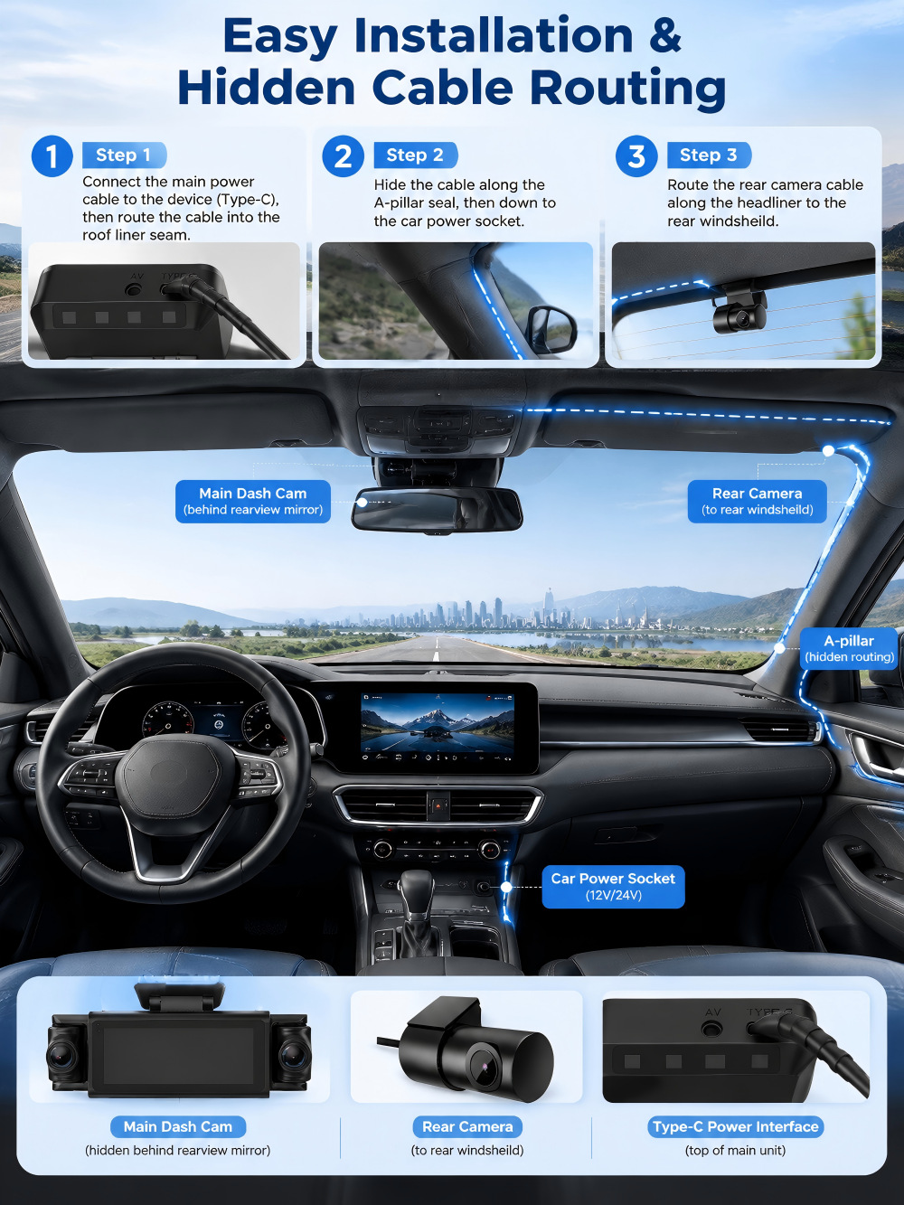 Cross-border 4K dashcam with 5G WiFi, 4-channel recording, front and interior cameras, fisheye wide-angle lens, and ADAS/ BSD driver assistance features