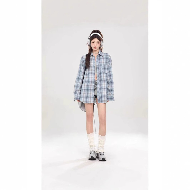 Korean Style Retro Fresh Blue Plaid Long Sleeve Shirt Women's New Autumn Loose All-match Casual Sun Protection Jacket
