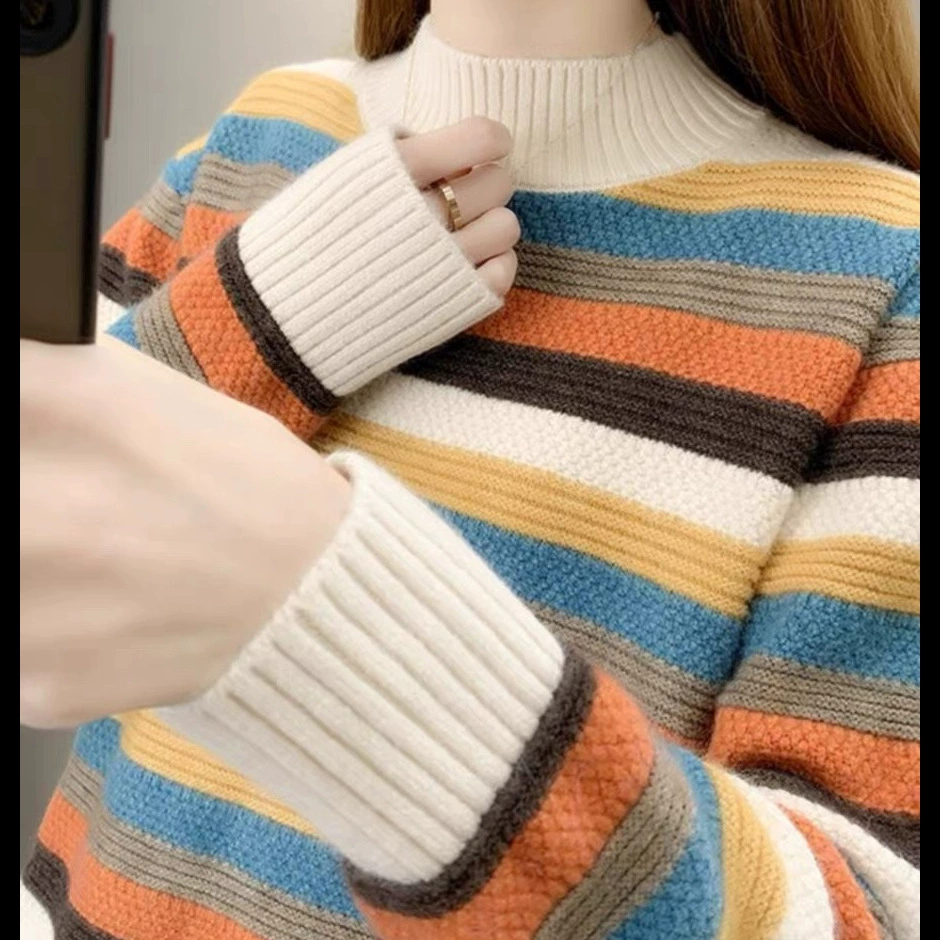 Радужная полоска полувысокого воротника свободный пуловер свитер женский пиджак толстый свитер в полоску