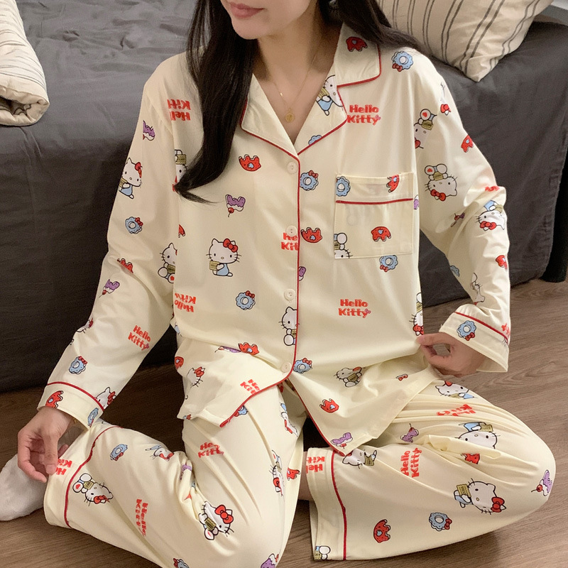 El comercio exterior de primavera y otoño pijamas algodón para las mujeres ins lindo dibujos animados solapa cardigan suelta delgada vestir prendas exteriores homewear