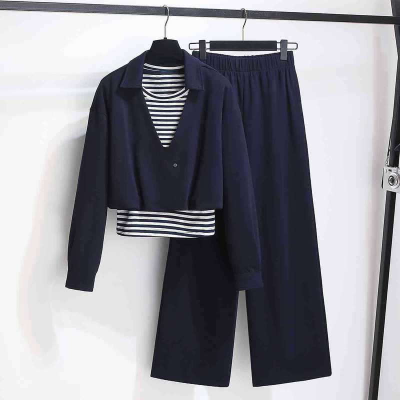 拼接条纹假两件卫衣阔腿裤子女夏2025早秋新款休闲运动服两件套装|undefined