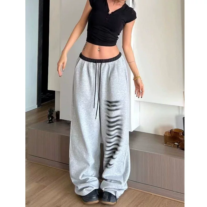 Брюки женские oversize американского стиля, серые, с кулиской на поясе, свободный крой