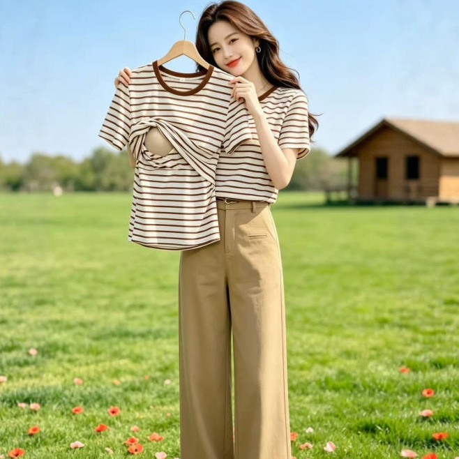 Summer Nursing Tops for Going Out, Postpartum Nursing Clothes for Hot Moms, Striped Versatile Slimming Nursing Plus-Size T-Shirts for Women Summer Nursing Tops for Going Out, Postpartum Nursing Clothes for Hot Moms, Striped Versatile Slimming Nursing Plus-Size T-Shirts for Women