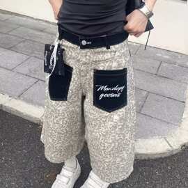 美式复古豹纹贴布口袋拼接弯刀七分裤男士潮高街宽松牛仔短裤子