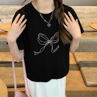 2024 Summer Chubby Girl 100.00kg plus size Women's Loosen Simple Bow Printed Short-sleeved T-shirt Women's 8279