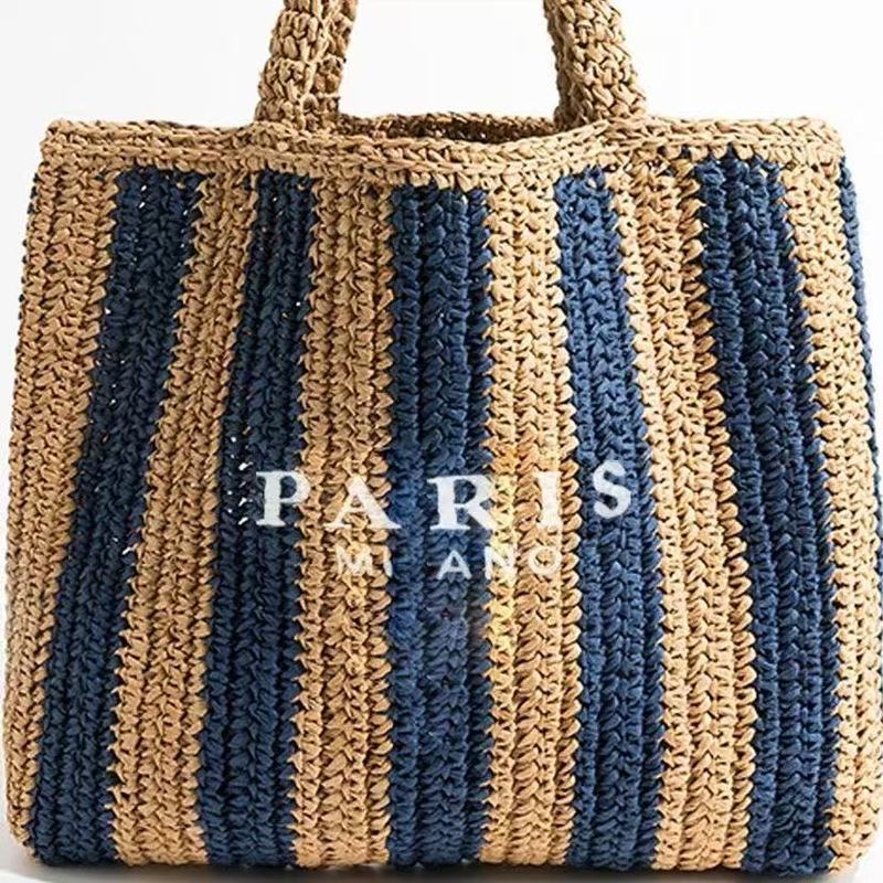 Fashion Vertical Striped French Straw Bag New Style Hand-Held Contrasting Color Straw Bag Woven Bag Women's Bag Seaside Vacation Beach Bag