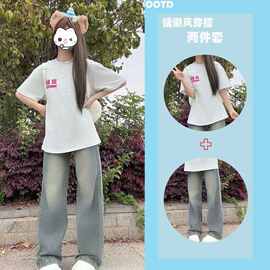 女童夏季套装2026新款时尚初中学生牛仔裤纯棉短袖休闲儿童两件套